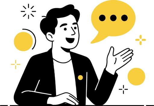 Arte de un hombre es Hablando con un habla burbuja encima a él, representando comunicación, conversación, y el intercambiar de ideas y información vector