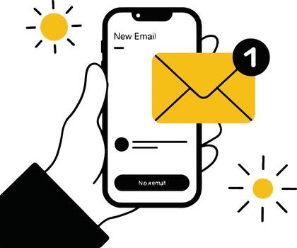 Art of a hand holding a smartphone with a new email notification, showcasing the importance of staying connected and informed in the digital age vector
