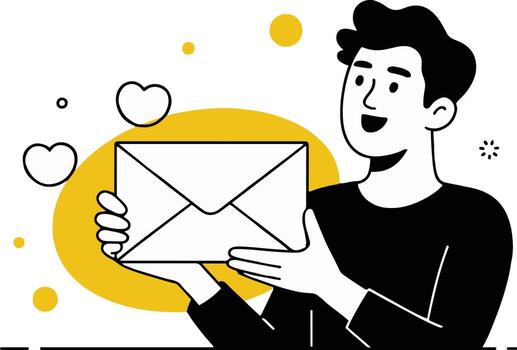 Art of of a man holding an envelope with hearts, symbolizing love and affection, in a clean and modern design for expressing emotions and connections vector