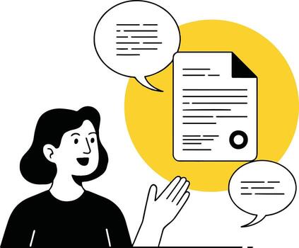 Art of a woman is presenting a document with speech bubbles, showcasing communication and agreement in a business setting, emphasizing professional interaction and information exchange vector