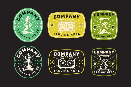 Bishop chees, clock, hourglass retro badge logo design set. Vintage emblem set for chess timing and strategy themes. Chess insignia pack with bishop, chess clock, sand timer for game and tournament vector