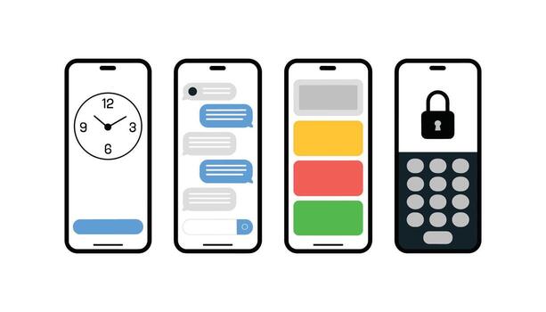 teléfono inteligente icono conjunto con reloj, charla mensajes, notificaciones, y seguridad bloquear pantalla, móvil tecnología ilustración para aplicaciones, comunicación, digital dispositivos, en línea conexión. vector