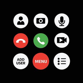 call and communication interface icons set including microphone, camera, phone, user profile, and menu buttons for mobile app design. vector