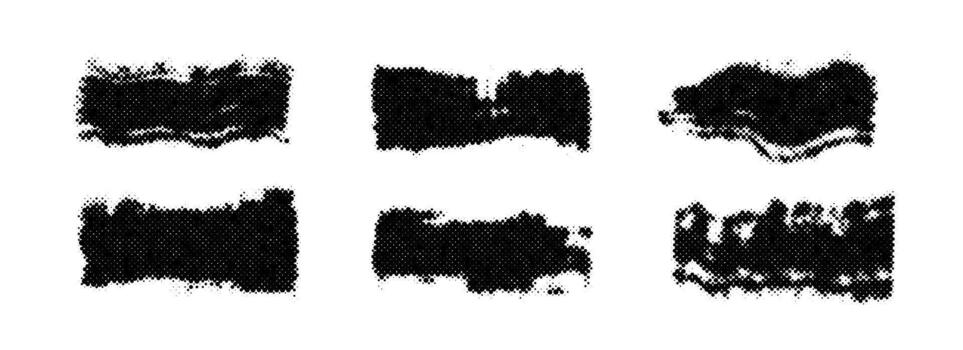 Halftone grunge brush stroke collection. Rough dotted grainy dirty stripe set. Gritty distressed elements for text box, banner, poster, label, badge, collage, frame, border. Paint stain pack vector