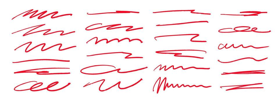 Red hand drawn brush strokes set. Sketched doodle scrawl lines collection. Zig zag, wavy squiggle scribble stripes pack. Red marker note signs for mark, emphasis, accent, highlight. vector