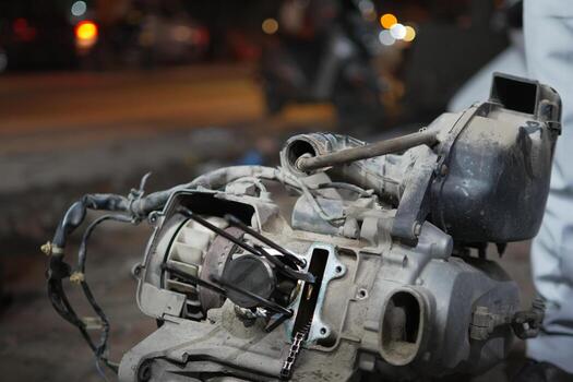 Detailed view of an open motorcycle engine undergoing repair and inspection within a mechanical workshop setting, emphasizing intricate components and craftsmanship. photo