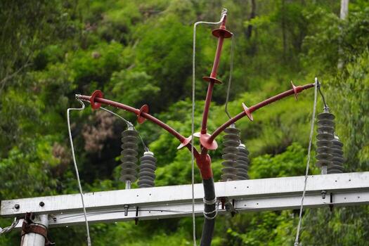 Electrical Transformer with Red Wires in Mountain Setting photo