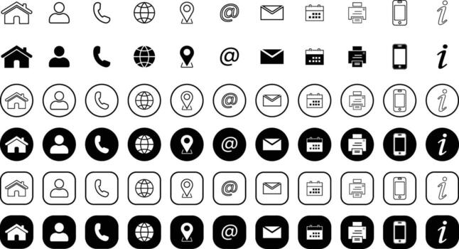 web icon set, business card icon concept, website icon symbol for contact us, Contains icons - name, phone, location, website, address, mail, email, office, mobile, and chat symbol. vector