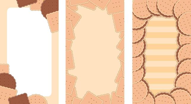 Three vertical backgrounds with cookies and crackers frames, perfect for social media story design or templates. Stock illustration in flat style. vector