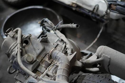 Old Car Engine Component Covered in Dust in a Workshop Setting photo