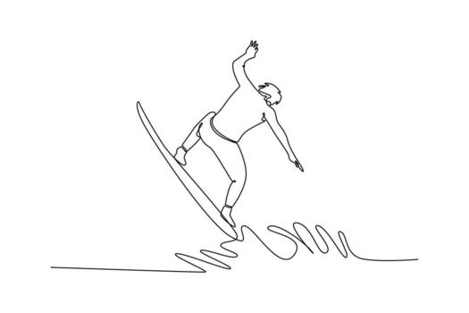 Continuous one line drawing back view of male surfer athlete in action on the waves. Representing balance, concentration, and thrilling lifestyle. Single line draw design graphic illustration vector