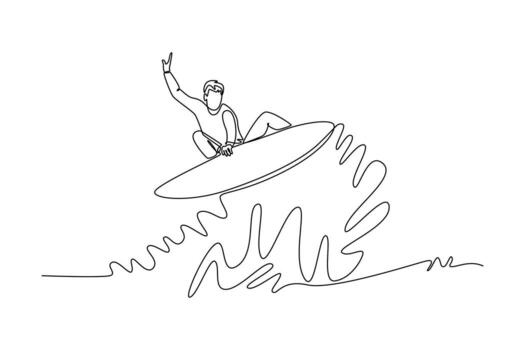Continuous one line drawing male surfer athlete in action on large waves, with victory gesture. Control, athletic skill, powerful motion of ocean. Single line draw design graphic illustration vector