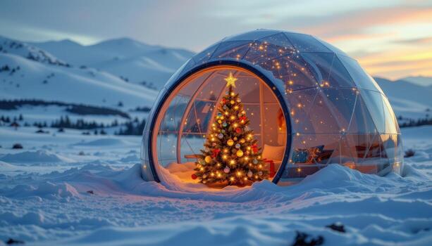 a soft glowing christmas tree inside a transparent igloo on a frozen arctic tundra photo