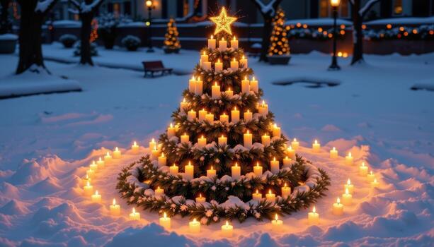 a christmas tree made entirely of glowing candles arranged in a spiral shape in the snow photo