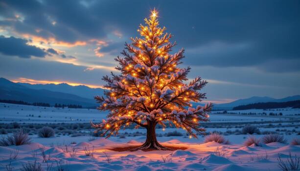 a glowing christmas tree with icy branches in a silent snowy meadow under starlit skies photo