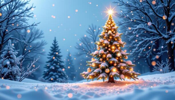 a christmas tree made of luminous floating particles in a surreal dreamlike winter space photo