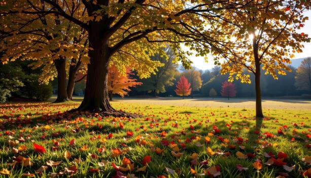 a serene autumn meadow with colorful trees, fallen leaves, and sunlight casting long soft shadows across grass. photo