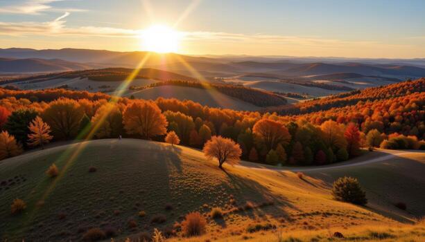 rolling hills in autumn covered in fiery trees under a soft golden sunset sky, casting long shadows today. photo