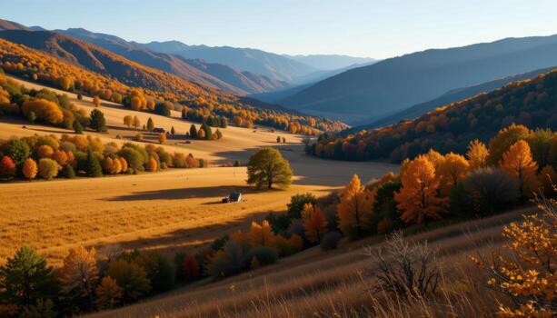 a serene valley in autumn with scattered trees, golden leaves on fields, and sunlight casting long soft shadows. photo