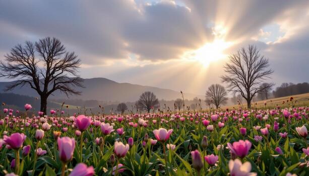 a misty spring meadow with dew covered petals, sunlight breaking through low clouds, hills glowing softly today. photo