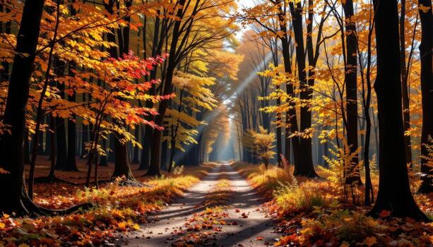 a scenic forest path in autumn lined with orange and yellow trees, sunlight streaming through branches softly. photo