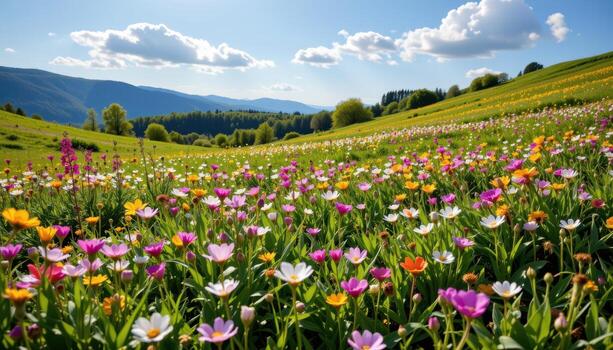 a sunlit spring field filled with wildflowers, gentle slopes, and scattered clouds casting soft shadows across petals. photo