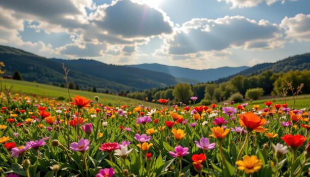 a tranquil spring field with wildflowers in red, purple, and yellow, sunlight streaming softly through scattered clouds. photo