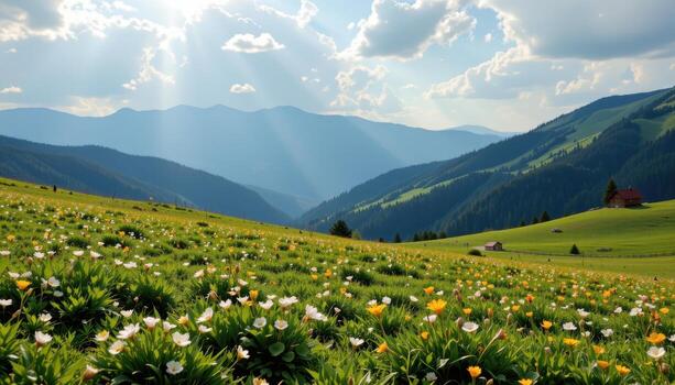a serene meadow with scattered wildflowers, soft light filtering through clouds, gentle breeze moving across slopes today. photo