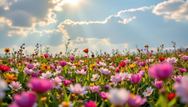 a serene spring meadow filled with wildflowers, soft sunlight streaming through clouds, petals glowing warmly across field. photo