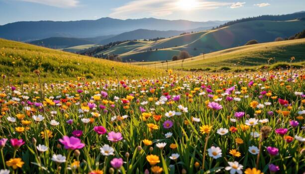 a serene spring field stretching across hills, colorful wildflowers glowing under soft afternoon sunlight, gentle breeze swaying petals. photo