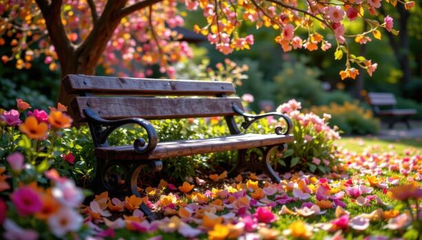 a serene garden bench surrounded by colorful petals, sunlight streaming through trees, soft breeze moving blooms gently. photo