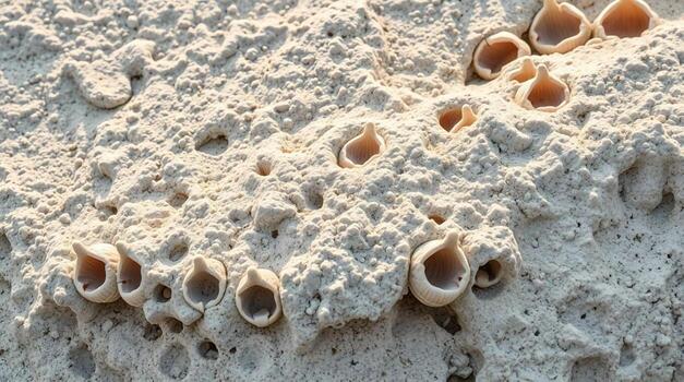 A group of shells on a rock wall photo
