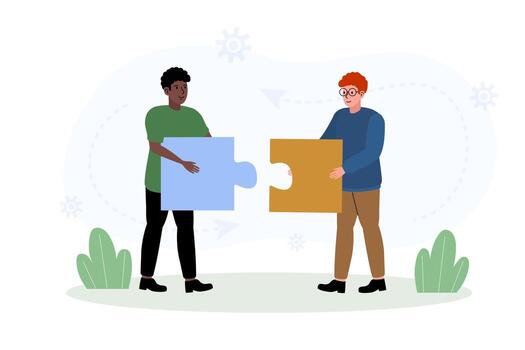 trabajo en equipo en resolución de problemas con rompecabezas piezas durante un creativo colaboración sesión vector