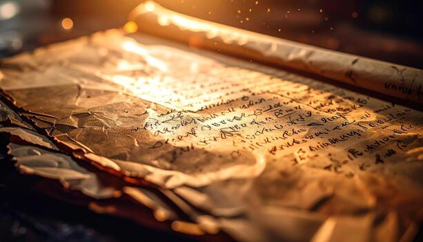 Aged parchment scrolls, illuminated by warm light, display ancient script, showcasing the texture and faded tones of time. photo