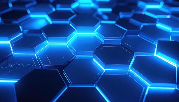 A vibrant, futuristic design showcases a pattern of glowing blue hexagons, creating a dynamic and technologically advanced aesthetic. photo