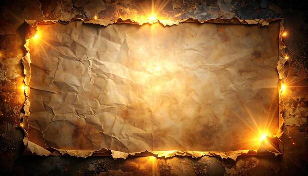 An aged, distressed paper document is framed by torn edges and highlighted by warm, golden light radiating from the corners, creating a dramatic and textured backdrop. photo