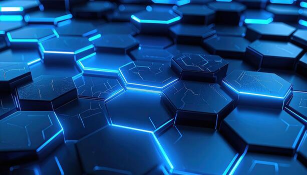 A close-up view of a complex, geometric pattern composed of dark blue, glowing hexagonal shapes, creating a futuristic, technological background. photo