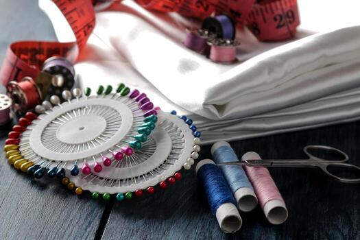 Sewing tools, threads, and fabric materials photo