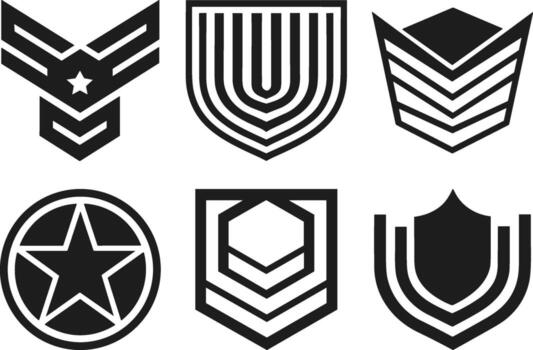 Set of Military Badge Silhouettes - Rank Icons and Shield Collection vector