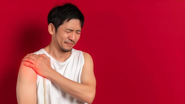 An Asian man clutching his shoulder with a highlighted red area, emphasizing shoulder pain photo