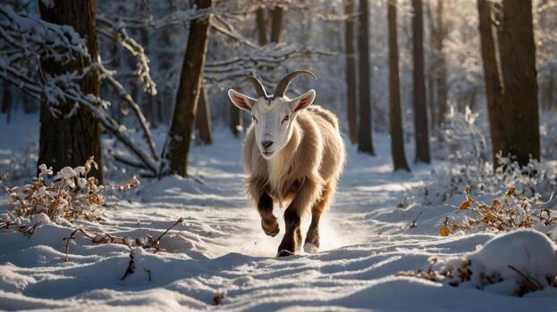 Goat running through a snowy forest path with sunlight filtering through the trees in winter photo