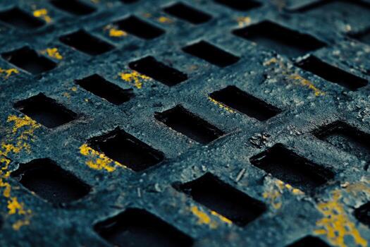 Detailed close-up of a textured metallic grate showing wear and rust patterns photo