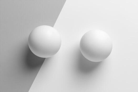 Minimalist composition of two white spheres on contrasting surfaces photo
