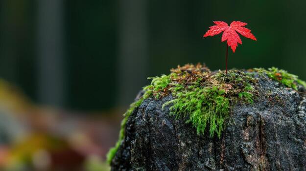 Bright red maple leaf stands out on moss-covered stump in forest setting photo