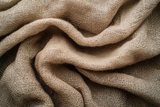 Textured brown burlap fabric with soft waves and creases photo