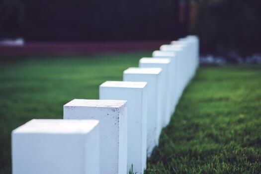 Line of white concrete blocks on green grass in an outdoor setting photo