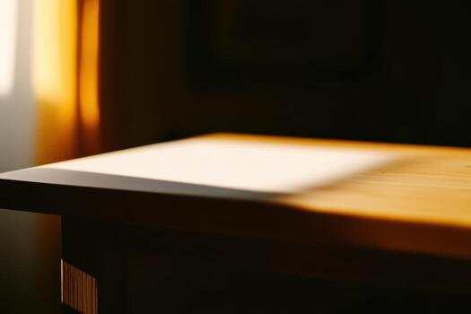 Soft sunlight illuminating a wooden table surrounded by warm tones photo