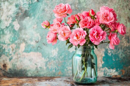 Pink roses arranged in a jar on rustic background with faded colors photo