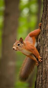 A red squirrel clings to the bark of a tree trunk with a blurred green forest background photo