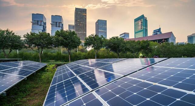Expansive solar panel array in foreground with modern city skyline and trees in background photo